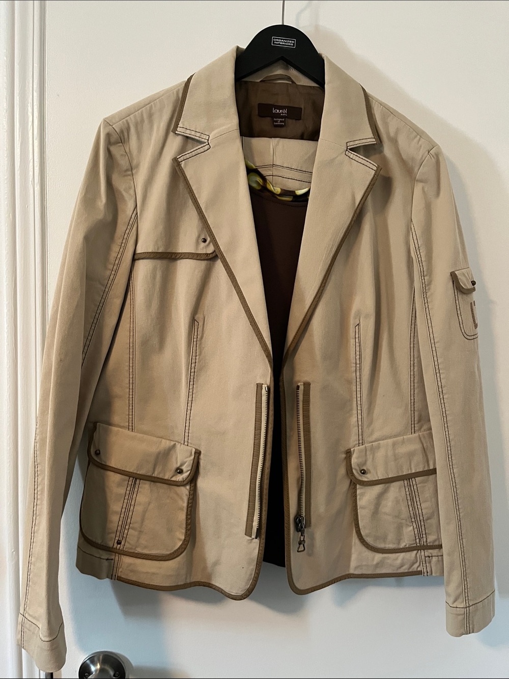 Laurel Beige Elegant 3 piece Jacket and pants suit with Brown Trim